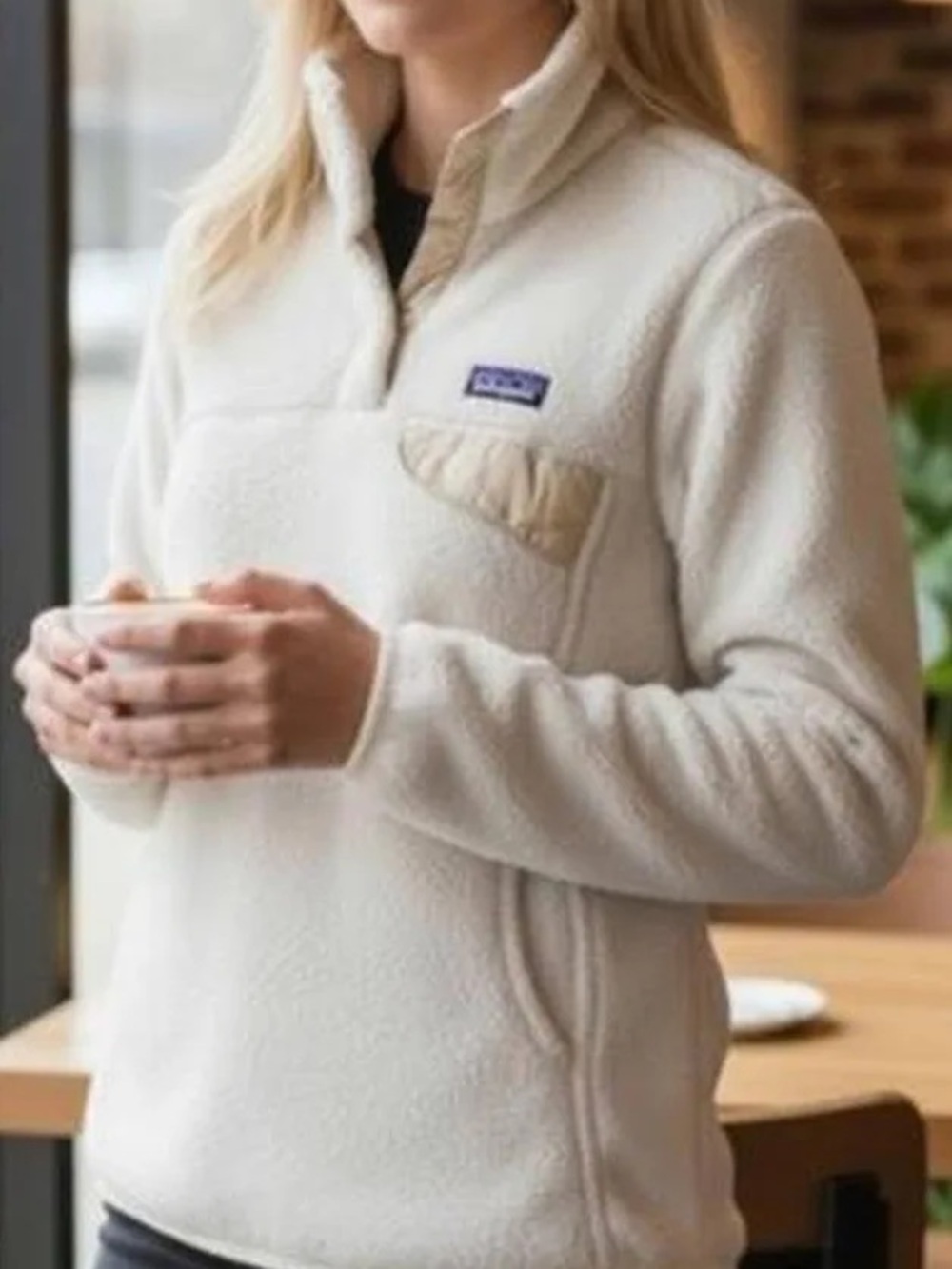 Patagonia Cream Fleece Pullover with Snap Collar